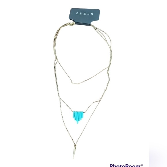 NWT Guess layered necklace, three layers of gold tone chains and turquoise - Picture 3 of 3